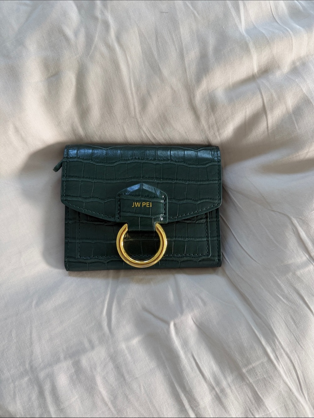 JW PEI Green Croc-Embossed Mini Wallet with Gold Ring Detail